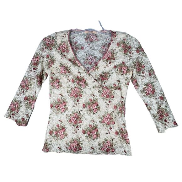 Forever 21 Shirt Womens Medium Ivory Pink Floral Babydoll‎ 2000s Y2K Vintage - Picture 1 of 8